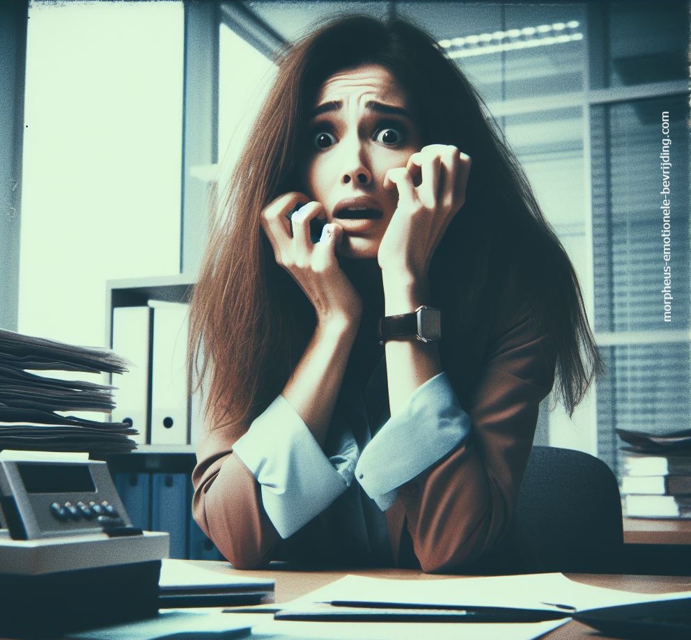 Vrouw in kantoor achter bureau wil graag angstgevoelens verminderen.