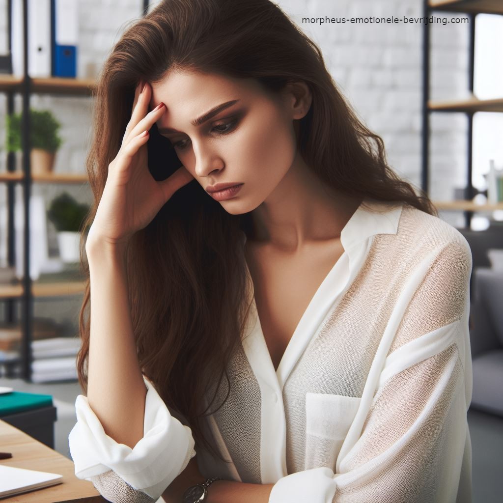 Vrouw in kantoor heeft blaasontsteking psychische oorzaak.