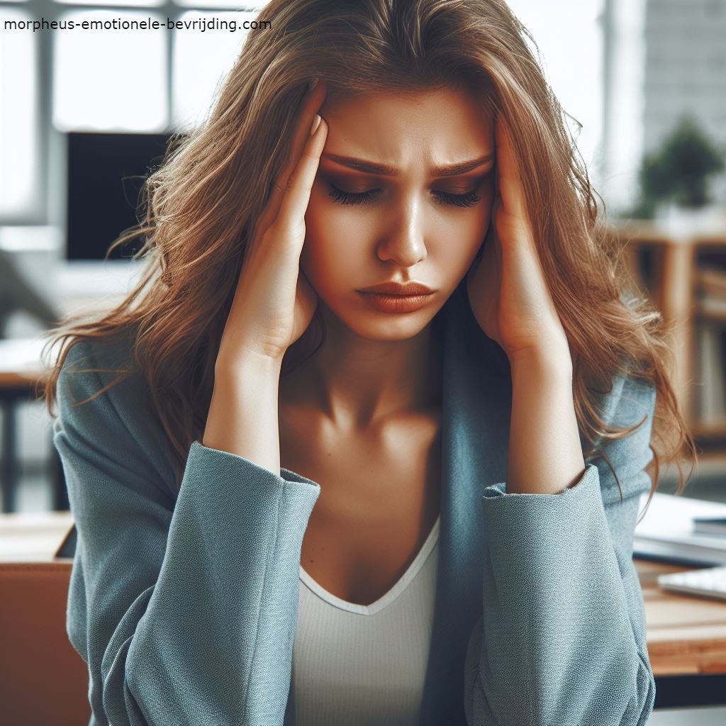 Vrouw op kantoor heeft last van blaaspijnsyndroom stress.