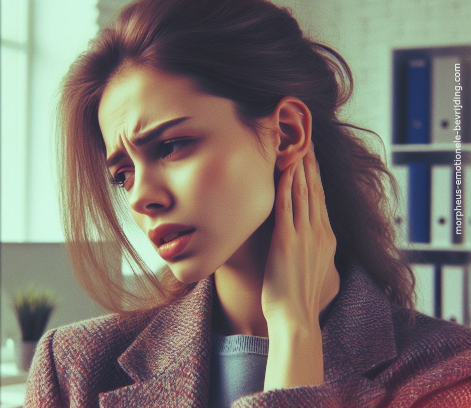 Vrouw op kantoor heeft bult achter oor door stress.
