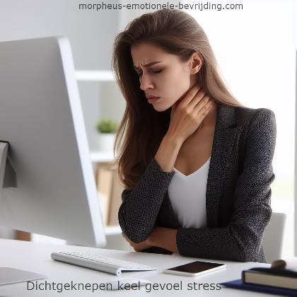 Vrouw op kantoor heeft last van dichtgeknepen keel gevoel stress gerelateerd.