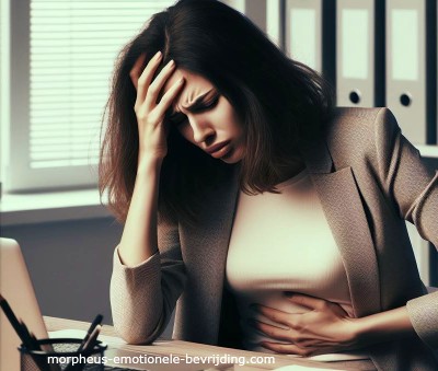 Vrouw achter bureau heeft last van gevoelige maag door stress symptomen.