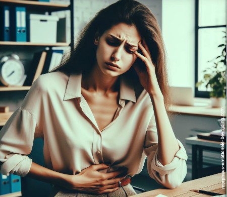 Vrouw achter bureau heeft gevoelige maag door stress.