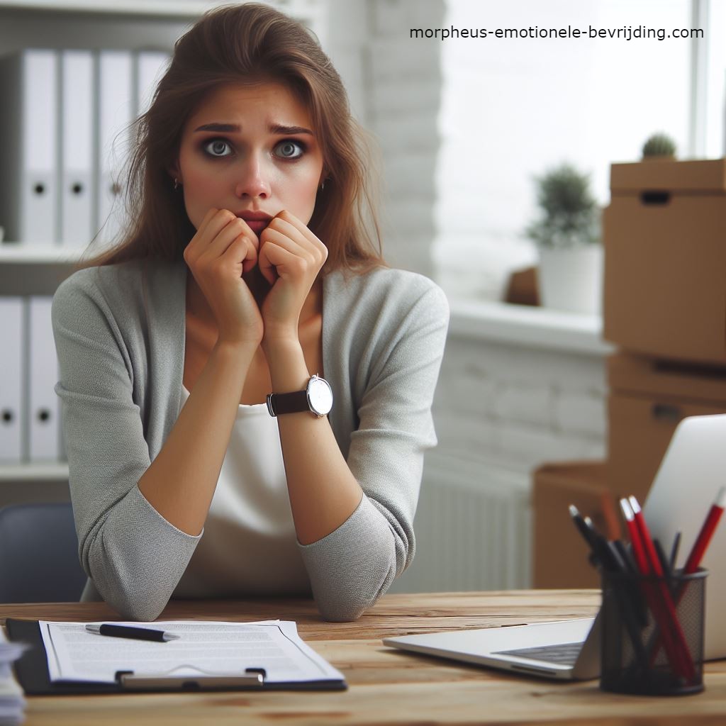 Vrouw in kantoor achter bureau heeft last van gevolgen onzekerheid.