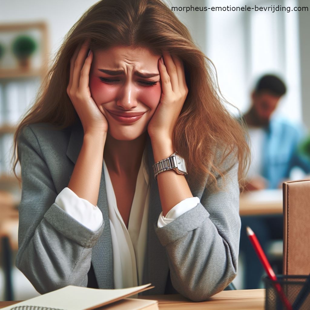 Vrouw in kantoor achter bureau heeft gloeiende wangen stress gerelateerd.