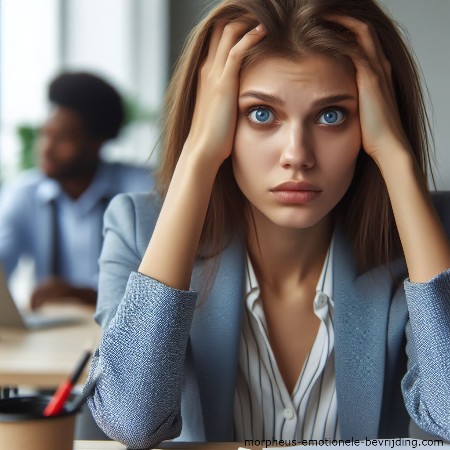 Vrouw op kantoor met blauw jasje denkt na over grote pupillen door stress gevolgen.