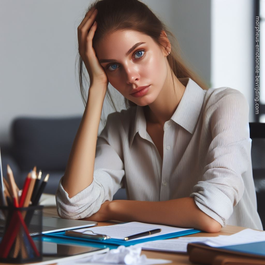 Vrouw op kantoor zit aan bureau en heeft grote pupillen door stress.