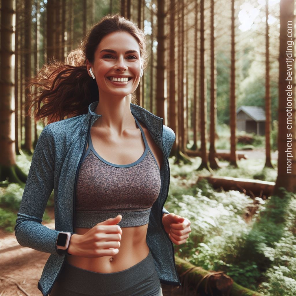 Vrouw in sportkleding in bos weet dat hardlopen uitlaatklep voor stress is.