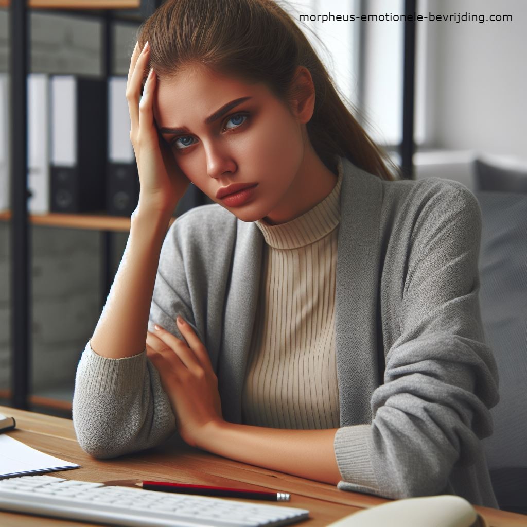 Vrouw in kantoor heeft last van hoge bloeddruk stress symptomen.