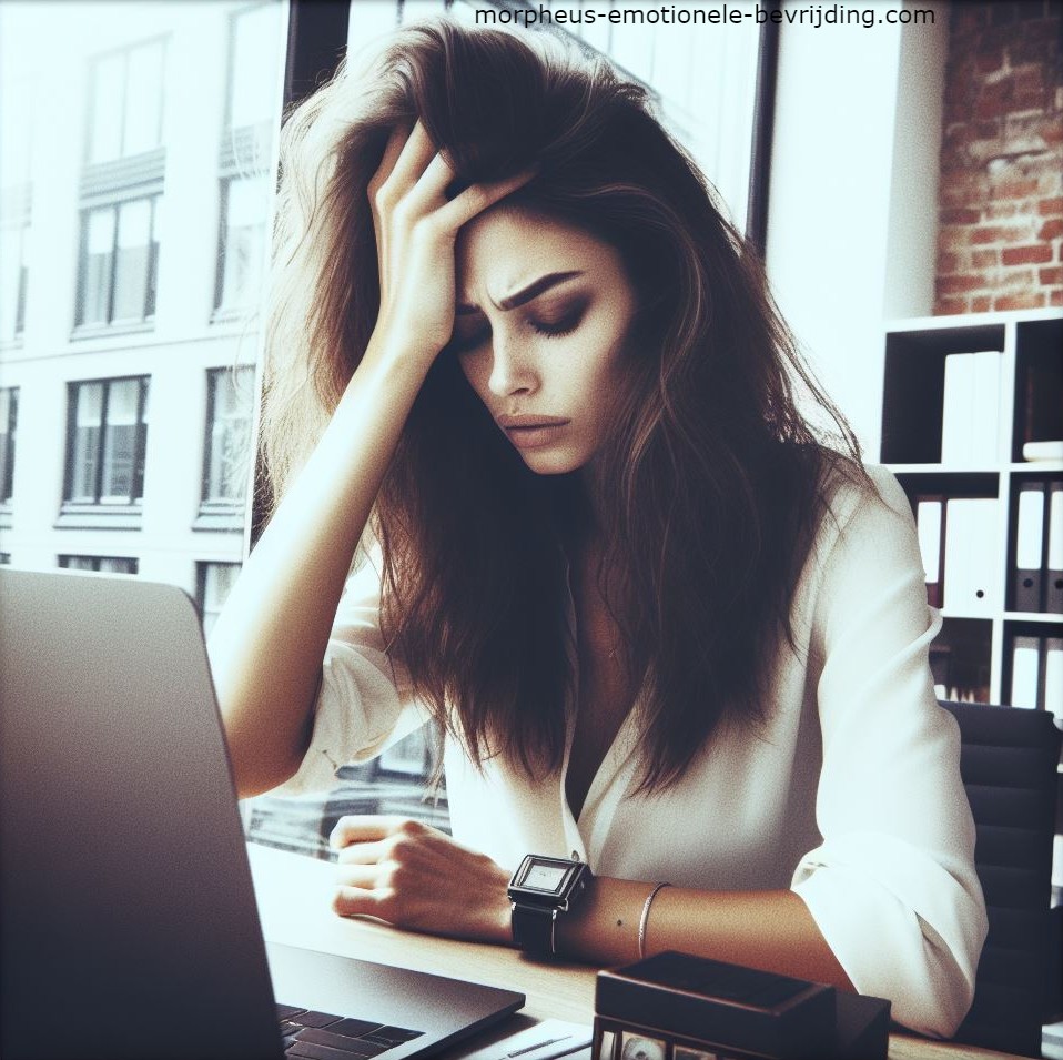 Vrouw in kantoor achter bureau heeft last van innerlijke stress symptomen.