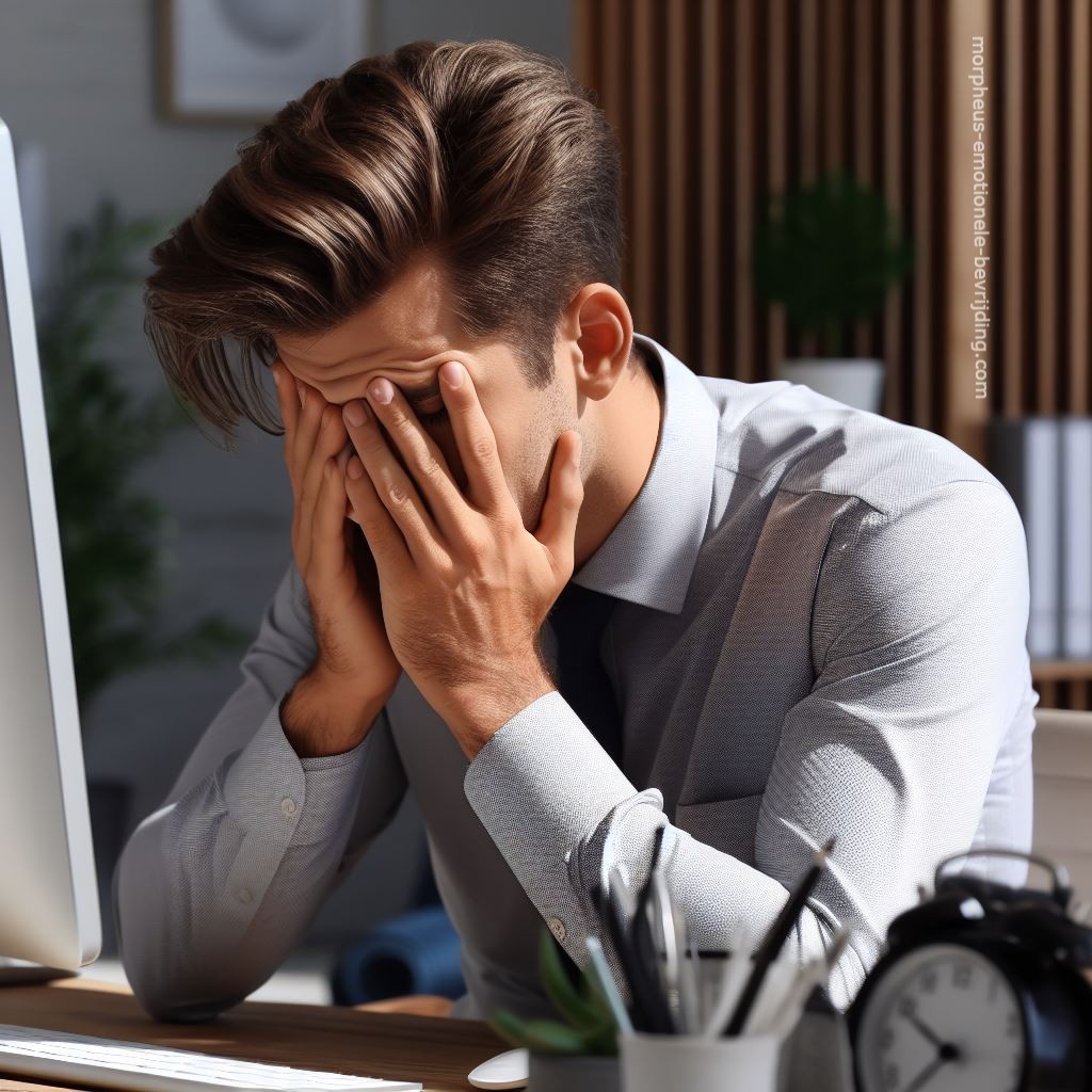 Man op kantoor heeft last van irritatie eikel door stress.