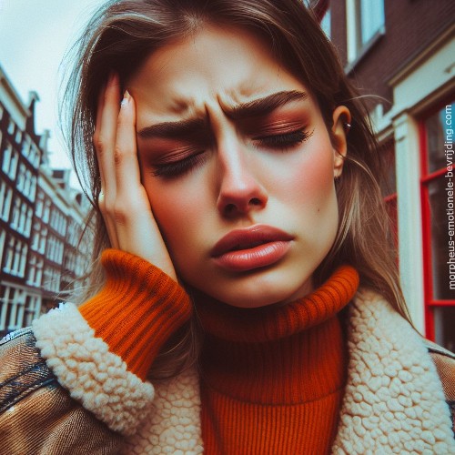 Vrouw op straat met oranje coltrui heeft krakend oor stress gerelateerd.