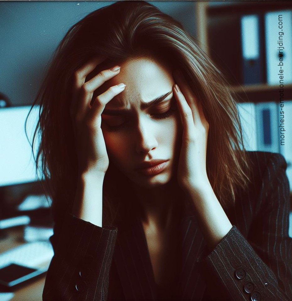 Vrouw met donker haar in kantoor is niet ongesteld door stress.
