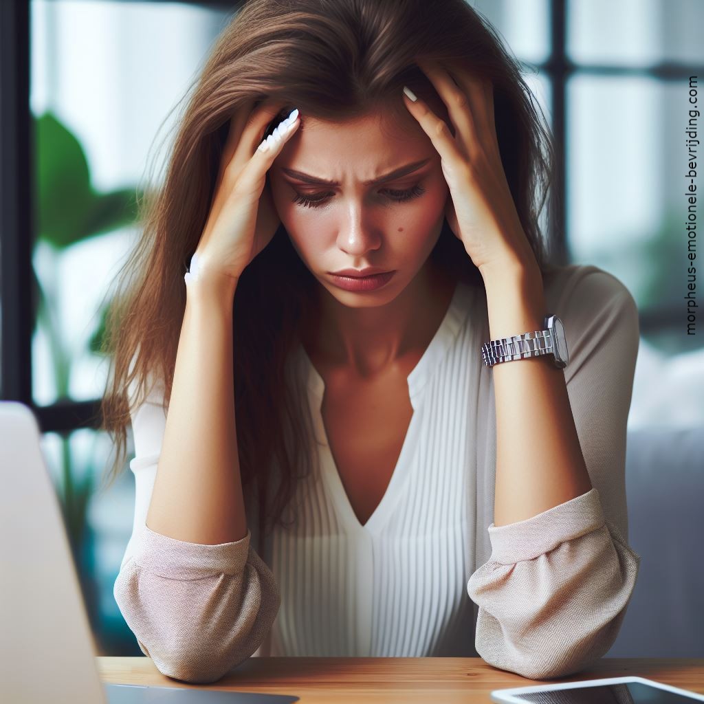 Vrouw in kantoor heeft last van onregelmatige hartslag stress gerelateerd.