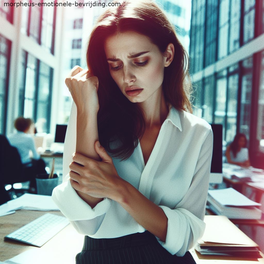 Vrouw met wit shirt in kantoor heeft last van pijn rechterarm stress gerelateerd.