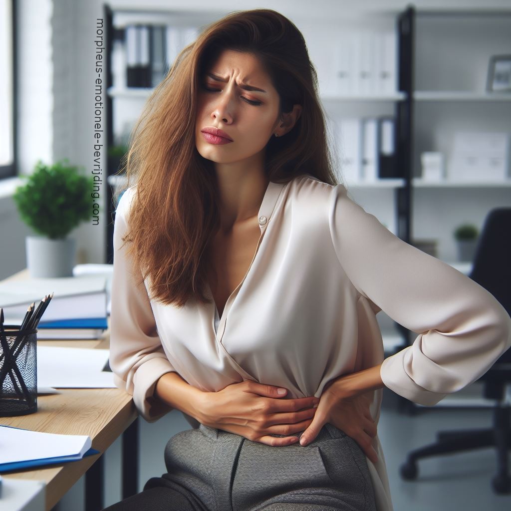 Vrouw in kantoor heeft last van pijnlijke darmen door stress.