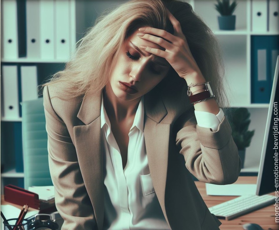 Vrouw zit op bureau en heeft poliepen door stress.