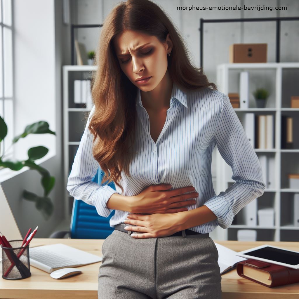 vrouw in kantoor heeft last van raar gevoel buik door stress.