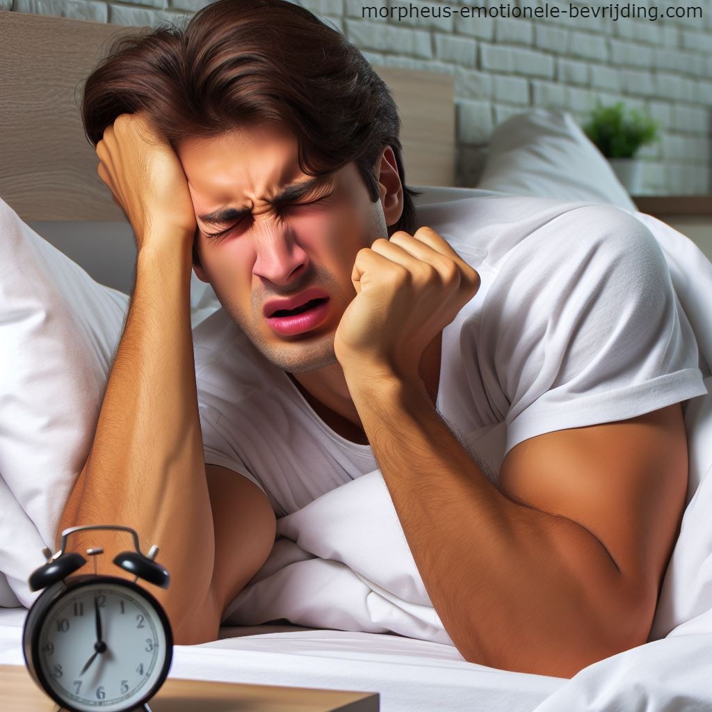 Man in bed heeft last van slaapapneu door stress.