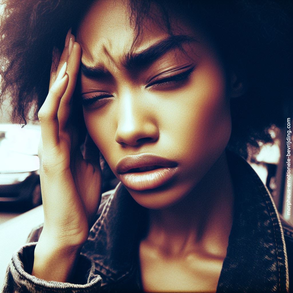Vrouw op straat heeft spanningshoofdpijn door stress.
