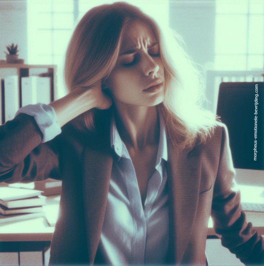 Vrouw met blond haar in kantoor heeft last van stijve spieren zonder inspanning.