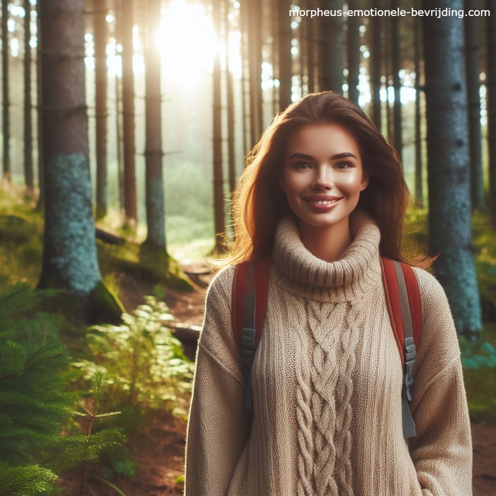 Vrouw met beige trui in bos is blij met uitlaatklep voor stress.