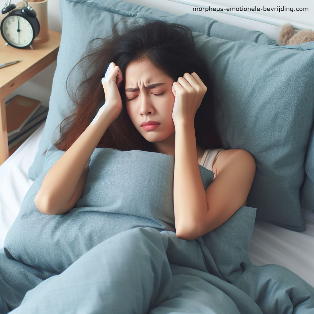 Vrouw in bed heeft last van wakker worden met stress.