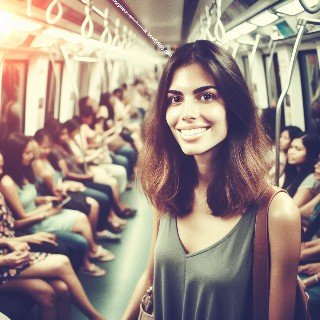 Vrouw met lang haar en hemd in trein is blij met claustrofobie therapie die werkt.