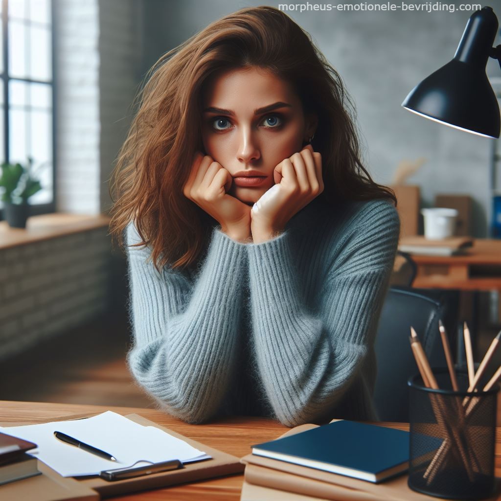 Vrouw met trui  in kantoor heeft last van emotionele onzekerheid.