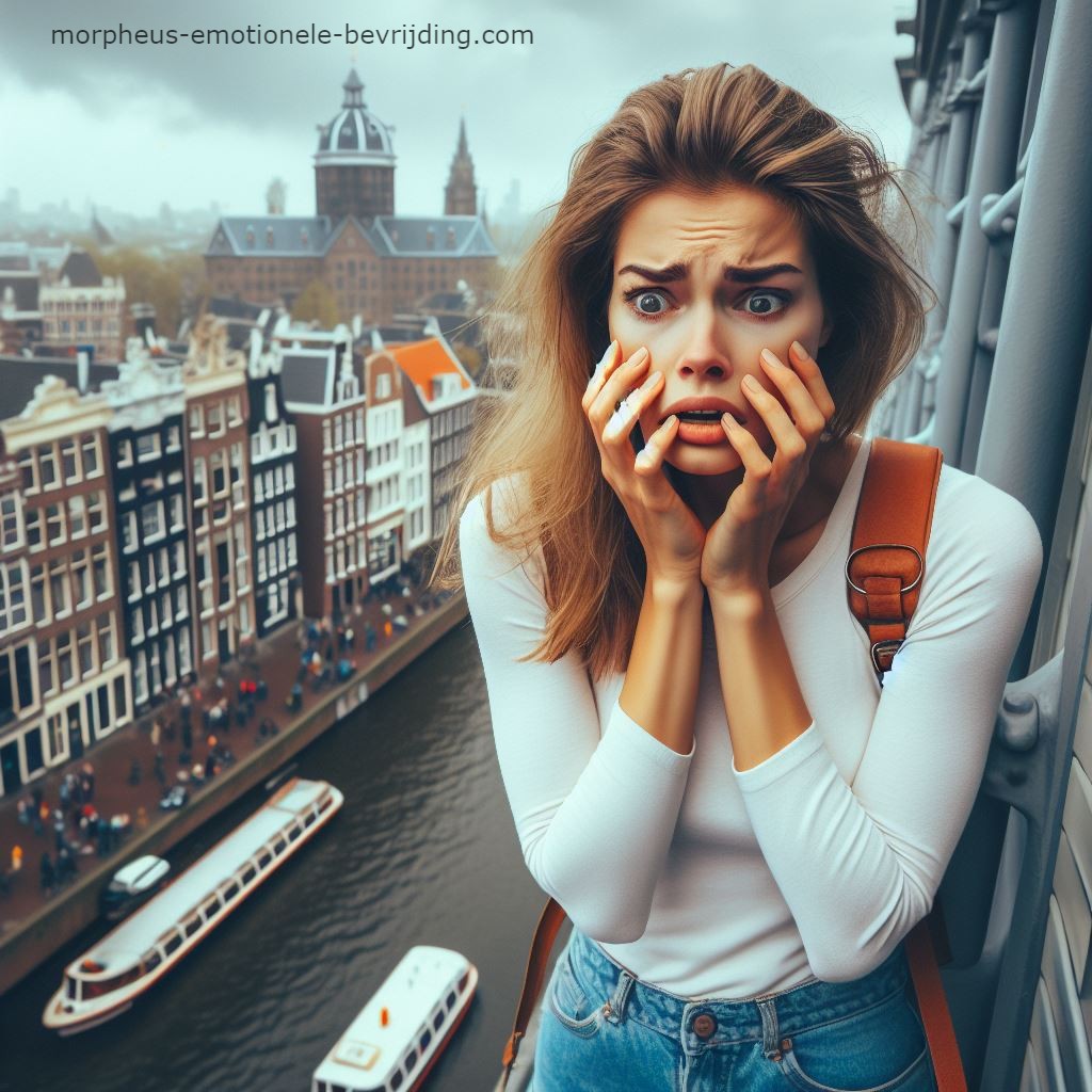 Vrouw staat op grote hoogte in Amsterdam en wil graag haar hoogtevrees overwinnen.