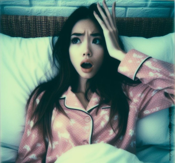 Vrouw in bed met lang haar en roze pyjama heeft nachtmerries door stress.
