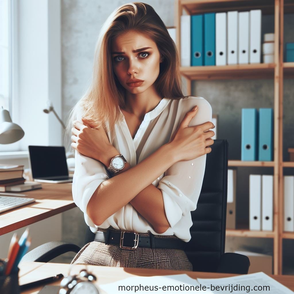 Vrouw met wit shirt in kantoor heeft last van onzekerheid symptomen.