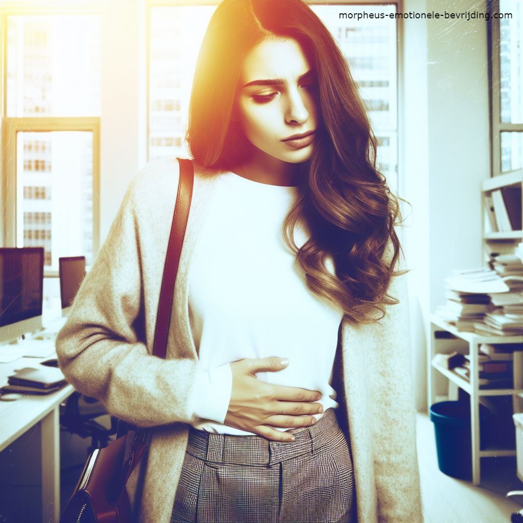 Vrouw in kantoor heeft last van opgezette darmen door stress.