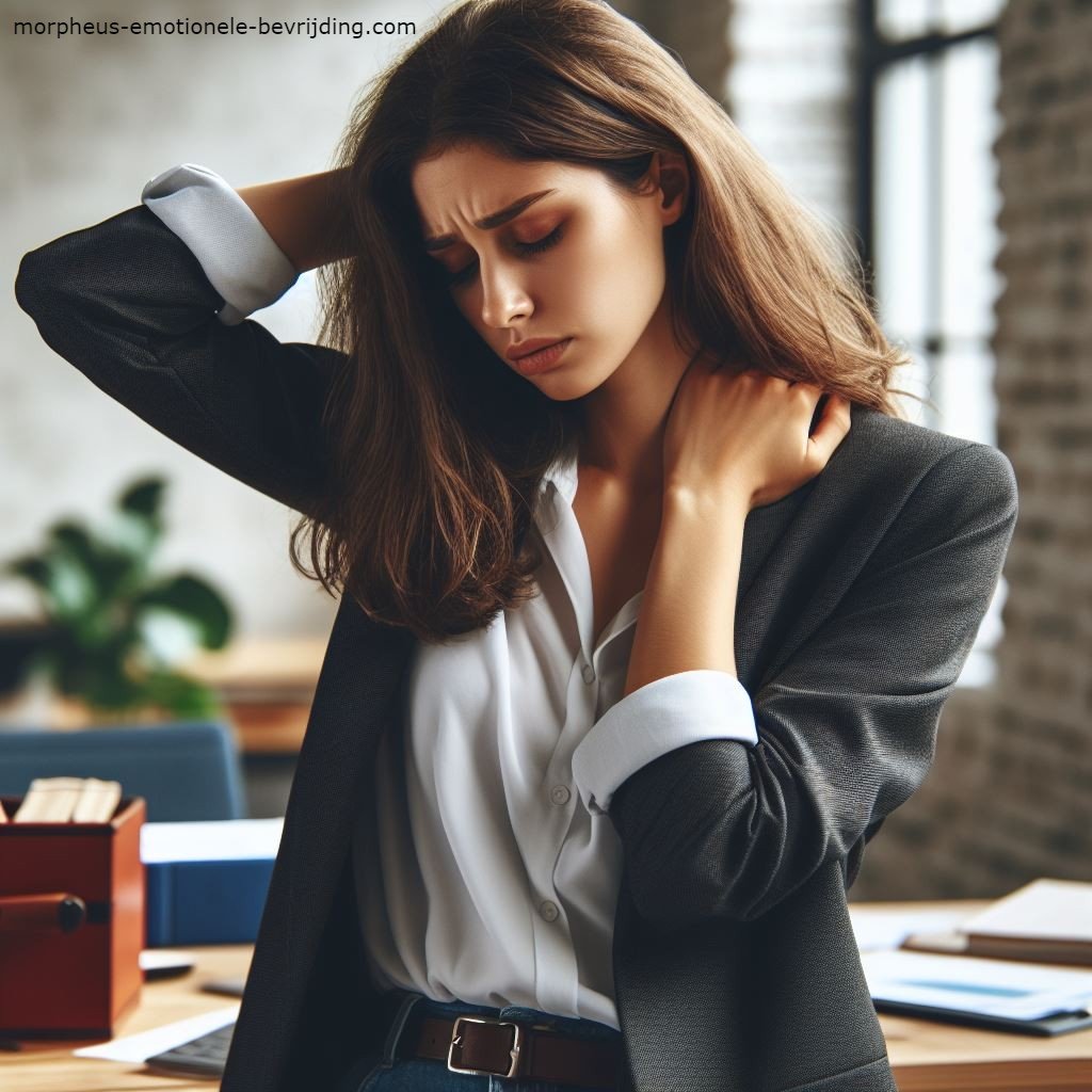Vrouw in kantoor heeft last van oververmoeidheid door stress.