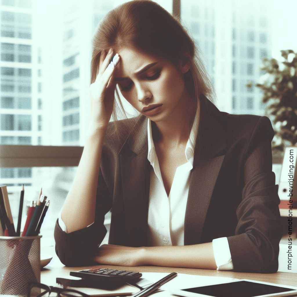 Vrouw in kantoor achter bureau heeft raar gevoel in hoofd door spanning.