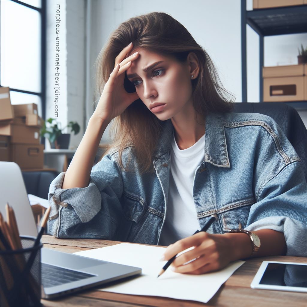 Vrouw in kantoor achter bureau heeft slechte concentratie door stress.