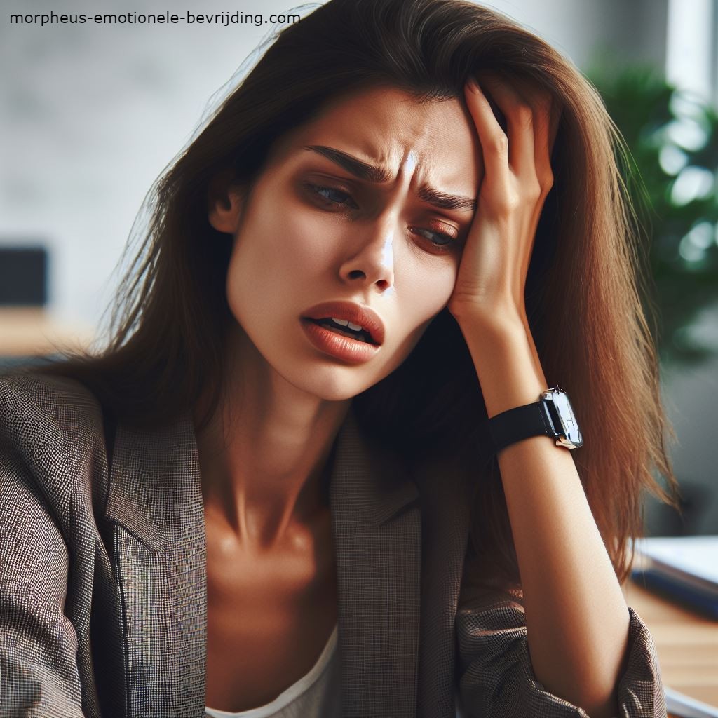 Vrouw met colbert in kantoor heeft last van slokdarmspasmen door stress.