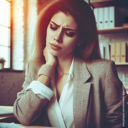 Vrouw in kantoor met lang donker haar heeft last van spanning in nek symptomen.