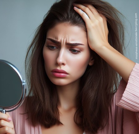 Vrouw kijkt in spiegel naar stress eczeem hoofdhuid symptomen.