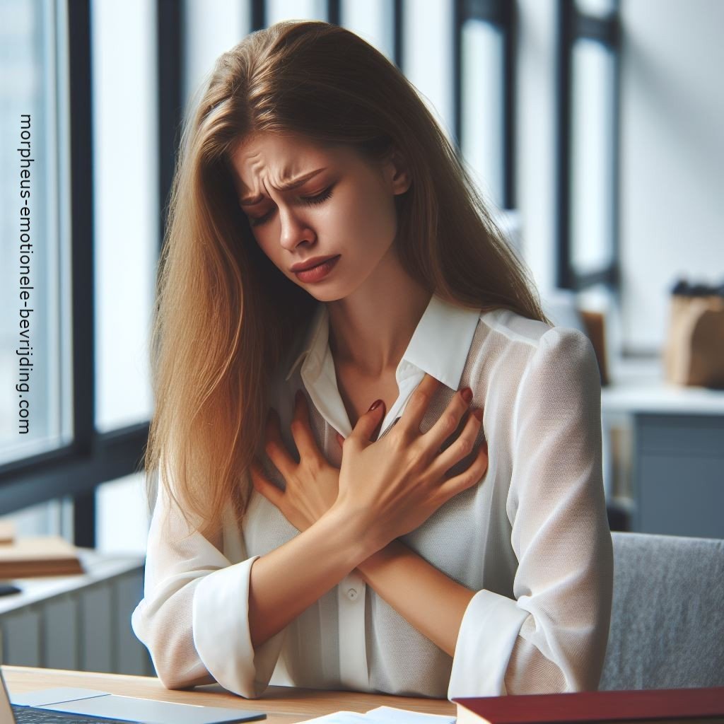 Vrouw in wit shirt in kantoor heeft last van tintelingen lichaam stress gerelateerd.