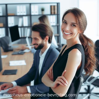 Vrouw in kantoor met zwarte jurk lacht en is blij met trillend trommelvlies door stress behandeling.