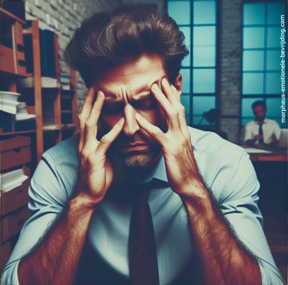 Man met overhemd in kantoor heeft last van vermoeide ogen door stress.