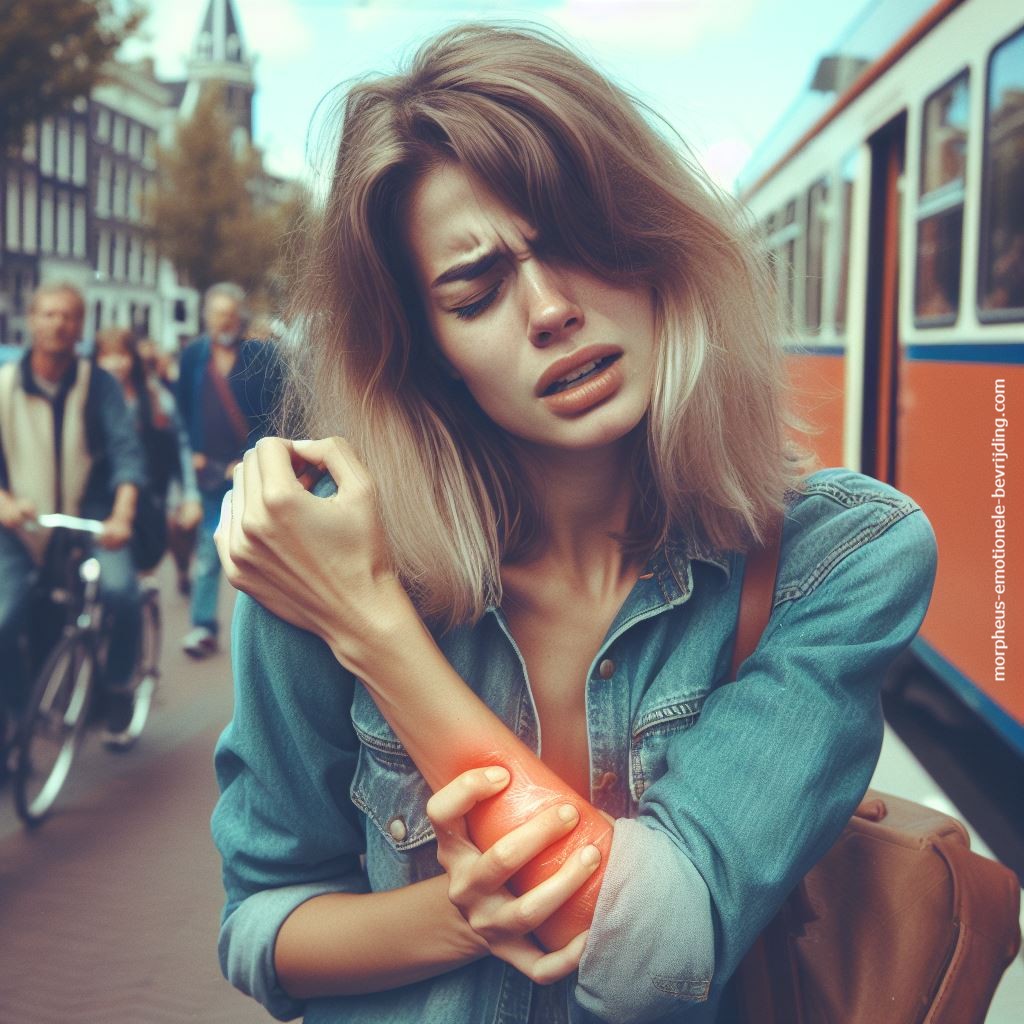 Vrouw naast tram heeft last van zenuwprikkels door stress.