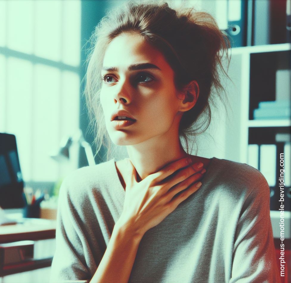 Vrouw met opgestoken haar in kantoor heeft last van zwaar ademen door stress.